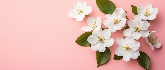 Fototapeta premium Delicate white apple blossoms with green leaves on a pastel pink background Concept of spring, freshness, and floral beauty