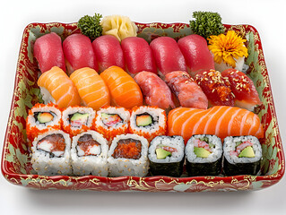 A delicate Japanese sushi platter with fresh tuna, salmon, and eel.