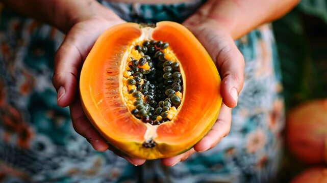 Ge&ouml;ffnete Papaya mit schwarzen Kernen in der Hand gehalten