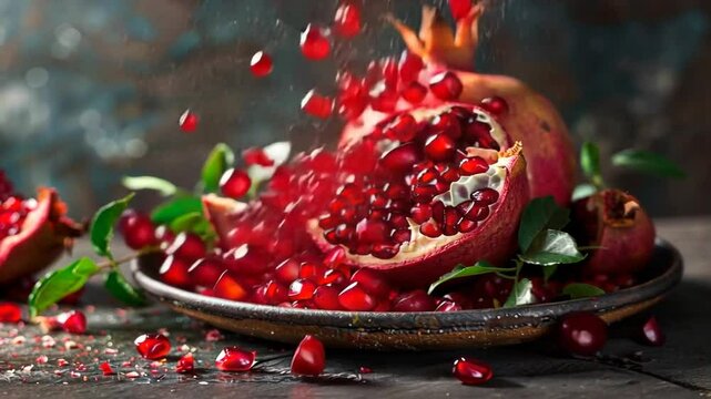 Aufgeschnittener Granatapfel mit herausfallenden Kernen