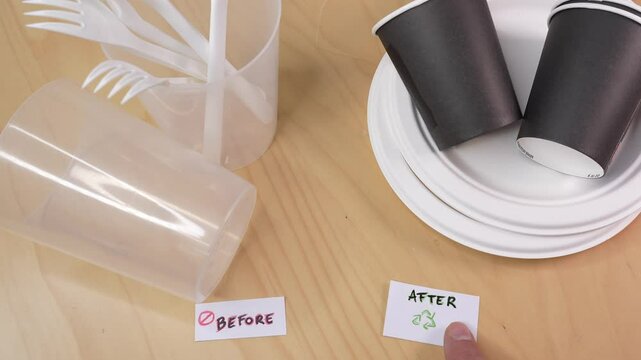 Plastic and paper cups illustrating the change from single-use plastic to alternative materials, symbolizing the single-use plastics (sup) directive, the Break Free From Plastic Pollution Act of 2023