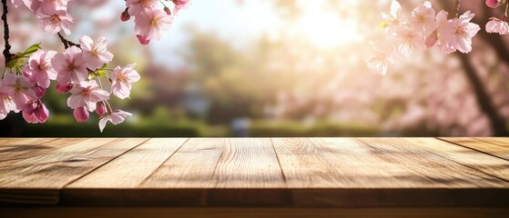 Wooden table with pink cherry blossom flowers in spring garden background, product display for cosmetic, food, or beauty concept