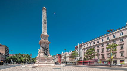 Restauradores Square in Lisbon timelapse hyperlapse. Monument to the Restorers and historical...