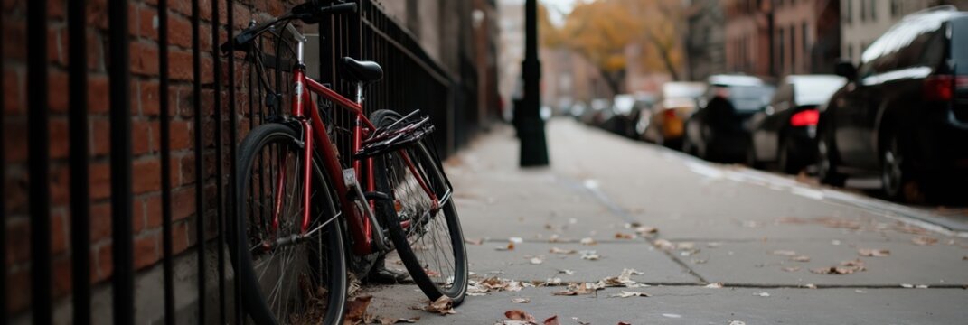 A classic red bicycle rests against an aged brick wall, capturing the charm of urban life intertwined with elements of nostalgia and adventure in city settings.