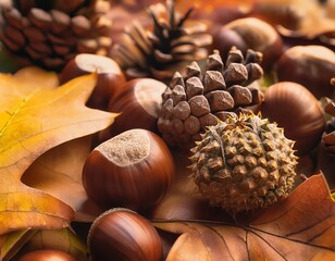 Autumn still life with chestnuts, pinecones and dry leaves creating warm atmosphere