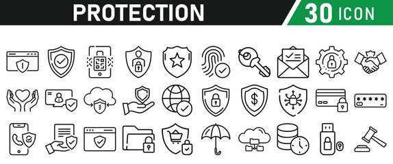 Protection Icon Set, Security icon for web. Security shield symbols include a check mark and padlock, a shield security icon, and a safety and protection sign. Icon Collection