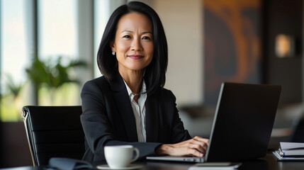 Focused Asian businesswoman in modern office setting