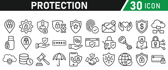 Protection Icon Set, Security icon for web. Security shield symbols include a check mark and padlock, a shield security icon, and a safety and protection sign. Icon Collection
