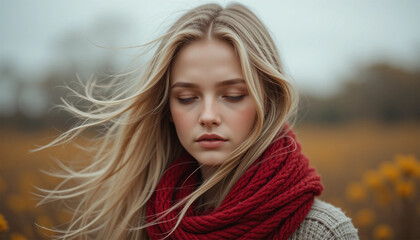 Fototapeta premium A Pensive Blonde Woman, Wrapped In A Crimson Scarf, Gazes Downward In A Serene Autumn Field, Bathed In Soft, Natural Light