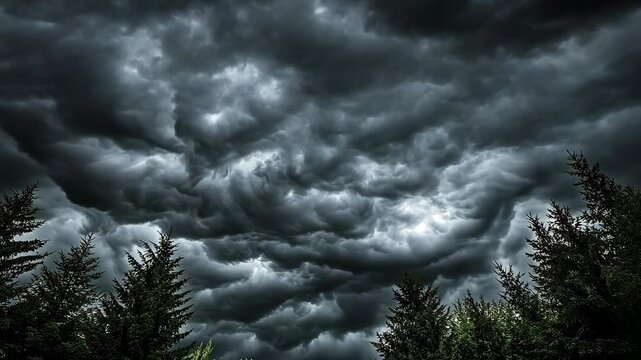 Dark storm clouds gather over a dense forest, foreshadowing a heavy rainfall event in the wilderness