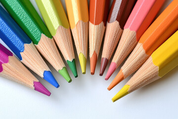 Fototapeta premium Set of colored pencils arranged in a semi-circle showcasing various colors on a white background
