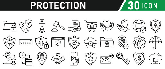 Protection Icon Set, Security icon for web. Security shield symbols include a check mark and padlock, a shield security icon, and a safety and protection sign. Icon Collection