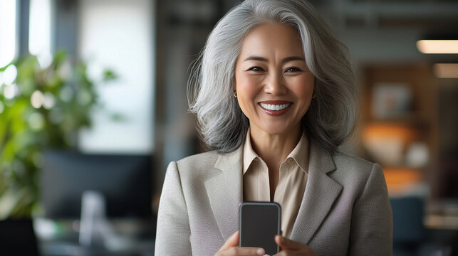 Confident businesswoman celebrating financial success in modern office