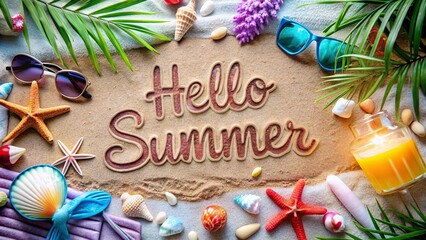  SUMMER in white wood letters  text with palm tree leaf, straw hat, starfish, blank note pad and office supplies in the background. Summer beach travel concept.