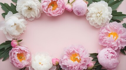 Obraz premium A flat lay photograph features a soft pink background adorned with pink and white peonies, creating a delicate floral frame