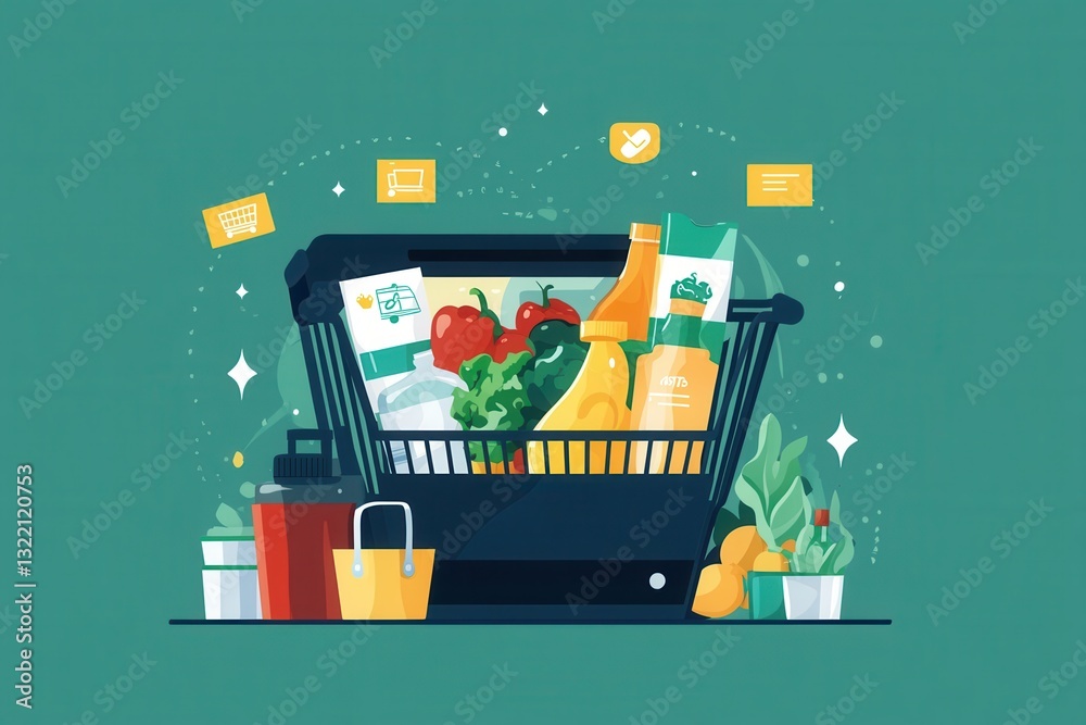 Leinwandbilder Stylized online grocery order summary displayed on a digital screen with modern design elements and colorful groceries