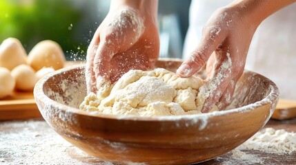 Fototapeta premium A person kneading dough in a wooden bowl, surrounded by flour and fresh ingredients.