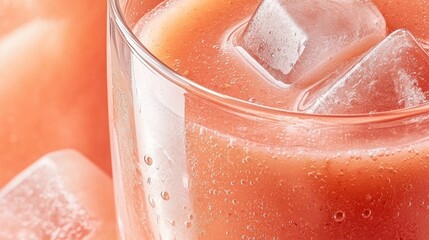 Fototapeta premium Close-up of refreshing peach smoothie in glass with ice, peach background