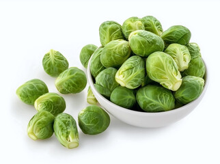 Brussels sprouts in big bowl isolated on white background. Side view. Package design element.