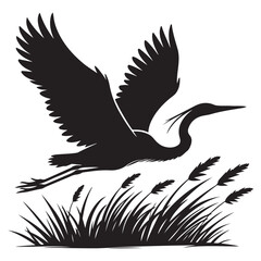 Majestic Heron Silhouette in Flight with Cattails for Nature Designs