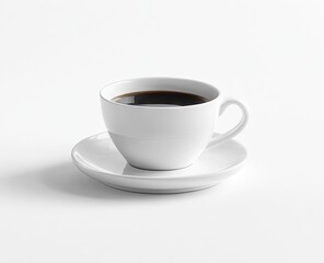 Obraz premium Simple white coffee cup and saucer. Dark coffee fills the cup. Studio shot on white background