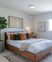 A modern bedroom with a wooden bed frame, neutral decor, soft lighting, and minimalist furnishings, creating a warm and cozy atmosphere