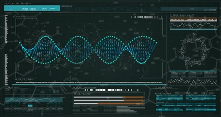 Animation of DNA strand with data analytics on futuristic interface in school - Powered by Adobe