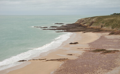 View of Lourtuais beach. Cape Erquy. Cotes-d'Armor department. Brittany. France.