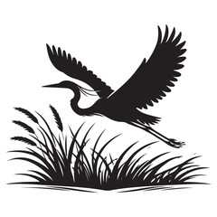 Silhouette Great Blue Heron Flying Over Marsh Grass Illustration Design