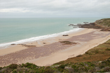 View of Lourtuais beach. Cape Erquy. Cotes-d'Armor department. Brittany. France.