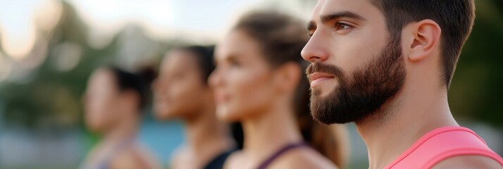Fototapeta premium A close-up of a group of focused athletes lined up outdoors, showcasing determination and camaraderie in a competitive environment. Their expressions reflect strength and pride.