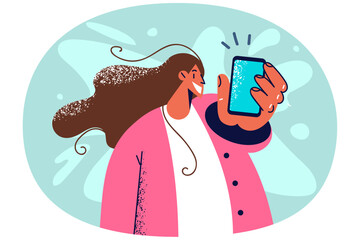 Smiling woman show cellphone screen