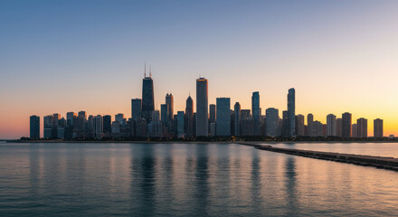 Obraz premium Chicago Skyline at Dusk: A Breathtaking View of Cityscape, Lake Michigan, and Twilight Hues