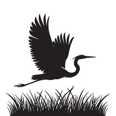 Elegant Heron Silhouette Flying Over Grassy Field Vector Art