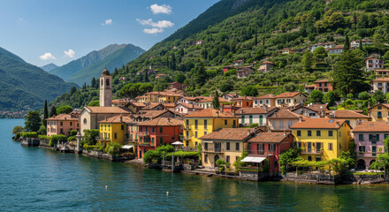 Fototapeta premium Varenna's Lakeside Charm: Italy's Jewel on Lake Como, Colorful Buildings & Mountain Views