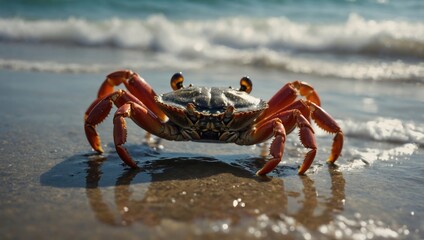 Fototapeta premium Detailed close-up of a crab, capturing its fine textures and vibrant shell patterns