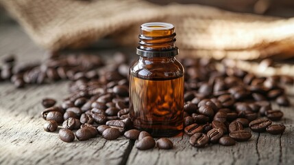 A bottle of coffee essential oil, which contains the rich aroma and essence of freshly brewed coffee, on a burlap table