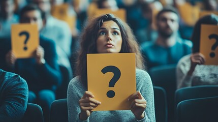 Fototapeta premium a woman holding a yellow question mark sign with a crowd in the background.