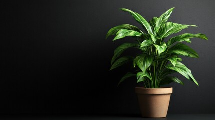 Obraz premium A large green houseplant in a very nice pot on black background. Space for text.