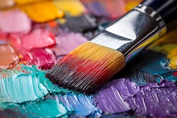 a paint brush rests on a palette of vibrant colors.