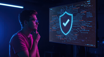 Cybersecurity Expert Contemplates Network Protection: Shielding Data with Digital Security Solutions.