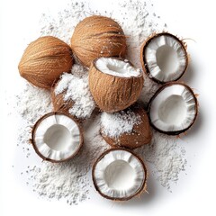 Freshly Cracked Coconuts and Shredded Coconut Flakes Piled on a White Background