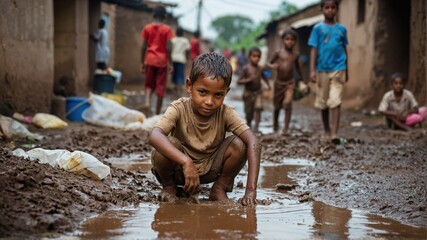 A child full of dirt sitting in muddy street, surrounded by poverty and harsh living conditions.
