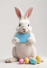 Obraz premium A Rabbit Holding Credit Card with Easter Eggs