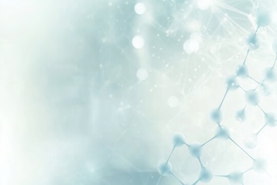 Abstract molecular structures in light blue and white create a scientific backdrop for educational content