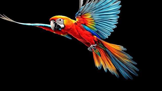 Colorful macaw in flight against a black background showcasing vibrant feathers