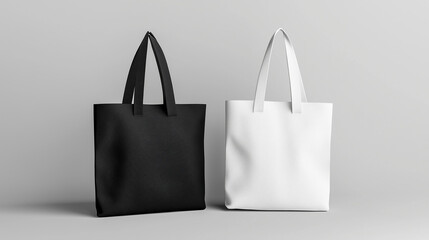 The white and black tote bags stand out in this mockup, with a simple grey background highlighting their design.