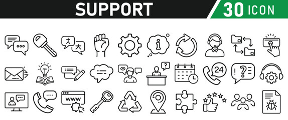 Support icon set—liner style icon for web. Contains icons IT Support, Help Desk, Call Center, Customer Service, call center, Representative, Instructions. Icons vector collection