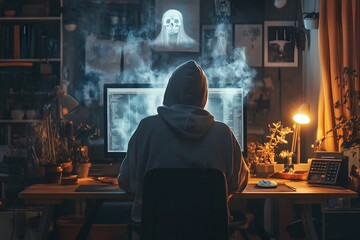Obraz premium a hooded person sitting in front of a computer with a skull-like design on the monitor.