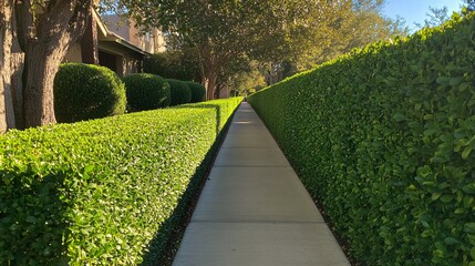 Fototapeta premium A long sidewalk surrounded by tall green trimmed hedges